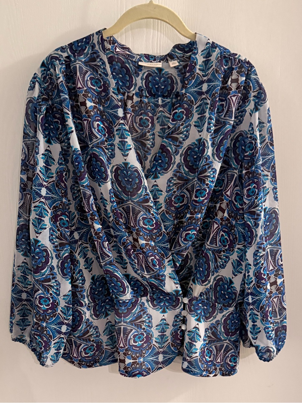Eva Mendes by New York & Company XL Blue Paisley Wrap-Front Women's Top
